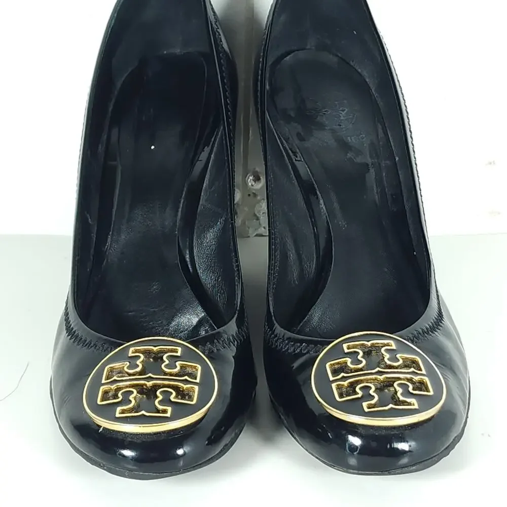 Tory Burch Women’s Caroline US 7? Black Patent Leather Stacked Wedge Pumps Shoes